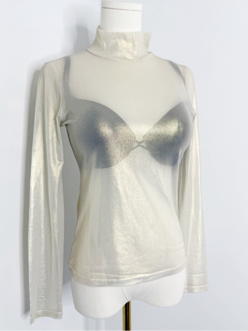 Anthropologie Mesh Turtleneck Top Sheer Metallic Cream XS Layering